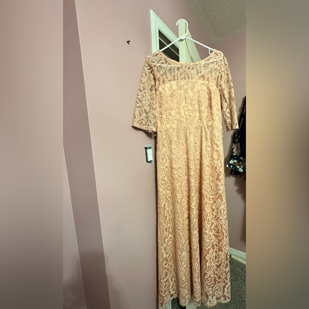 Coral pink long lace dress with 3/4 sleeves